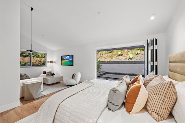 1318 Outrigger Dr, Corona Del Mar, CA 92625 - bedroom with lofted ceiling, access to exterior, and wood finished floors