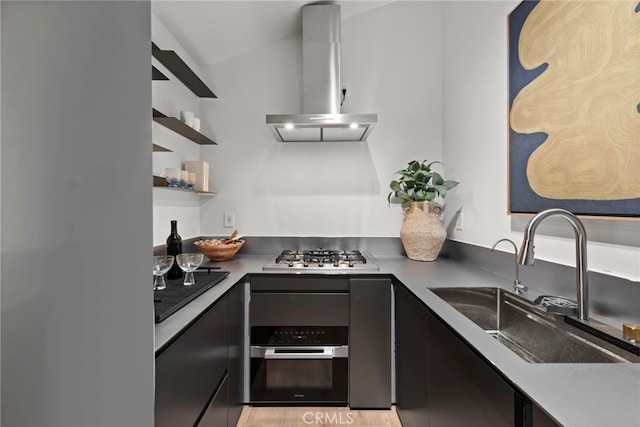 1318 Outrigger Dr, Corona Del Mar, CA 92625 - kitchen featuring black oven, extractor fan, a sink, stainless steel gas stovetop, and open shelves