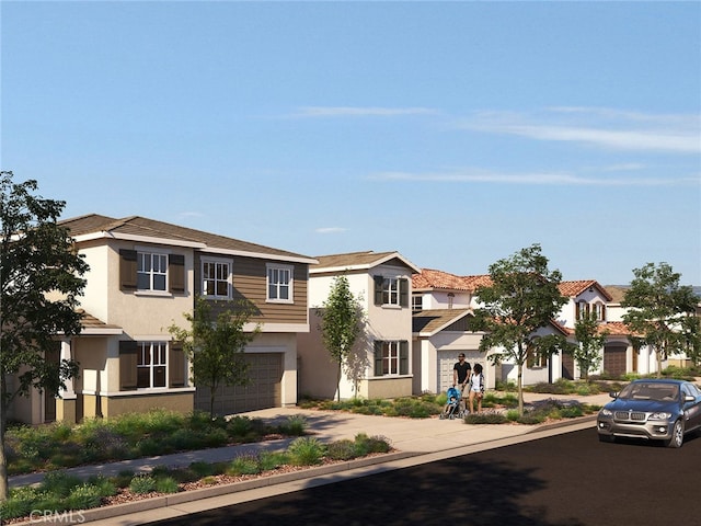 view of front of house featuring stucco siding, concrete driveway, an attached garage, and a residential view