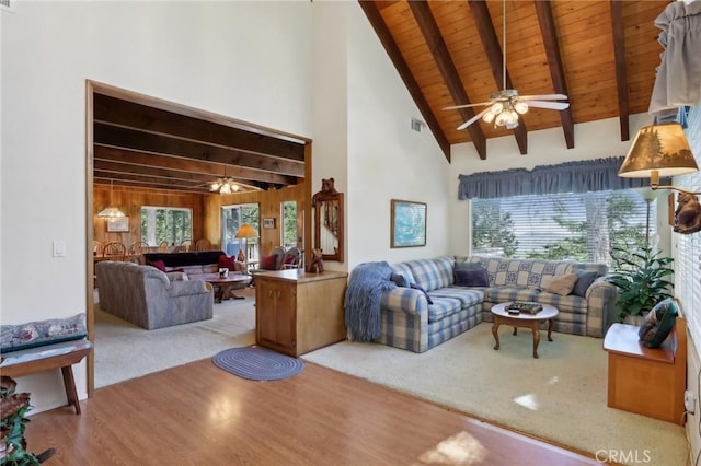 24571 Albrun Dr, Crestline, CA 92325 - living room with wood finished floors, wooden ceiling, and ceiling fan