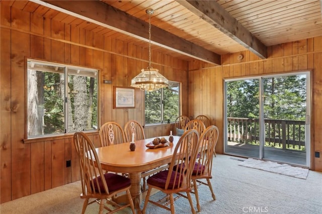 24571 Albrun Dr, Crestline, CA 92325 - dining room featuring carpet, healthy amount of natural light, wood ceiling with exposed beams, and wooden walls