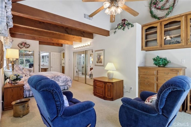 24571 Albrun Dr, Crestline, CA 92325 - carpeted living area with a ceiling fan and beam ceiling