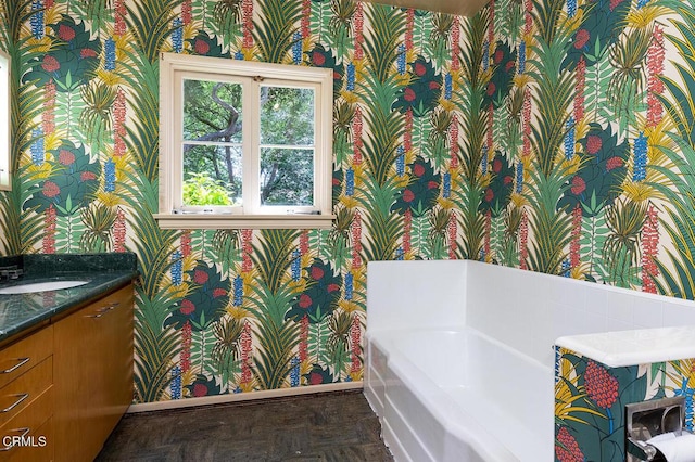 525 Laguna Rd, Pasadena, CA 91105 - full bathroom with wallpapered walls, baseboards, a bath, and vanity