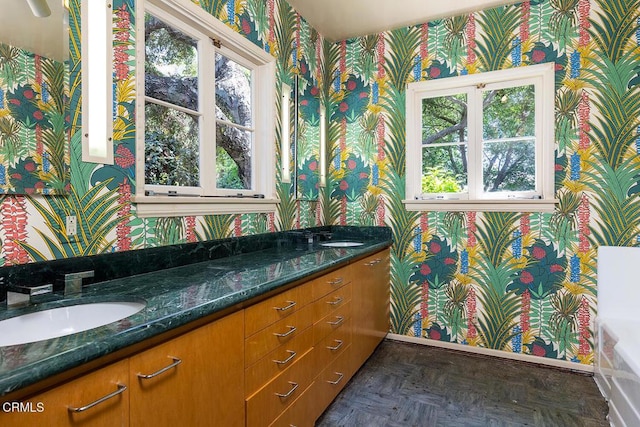 525 Laguna Rd, Pasadena, CA 91105 - full bathroom with wallpapered walls, baseboards, and double vanity
