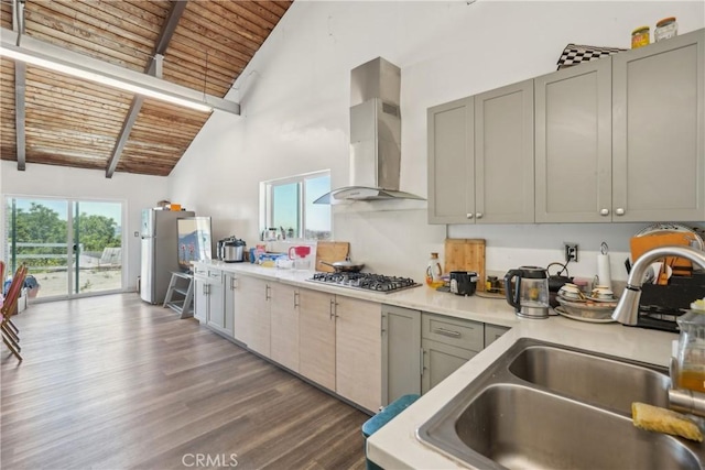 22702 Timbertop Ln, Diamond Bar, CA 91765 - kitchen featuring wooden ceiling, stainless steel appliances, wall chimney exhaust hood, a sink, and beam ceiling
