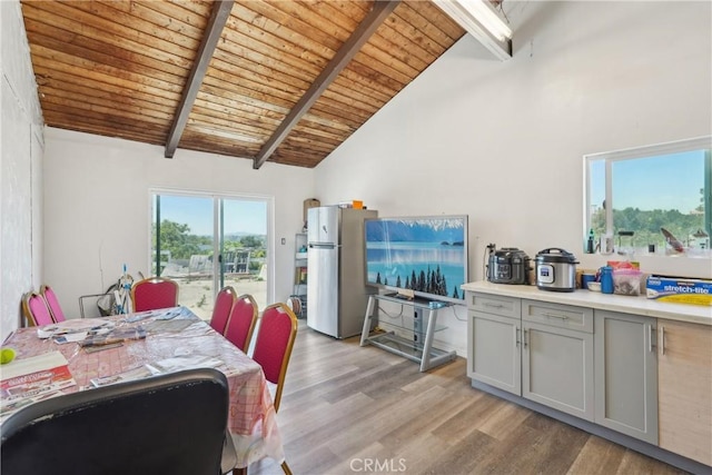 22702 Timbertop Ln, Diamond Bar, CA 91765 - dining area featuring wooden ceiling, beam ceiling, light wood-style floors, and high vaulted ceiling