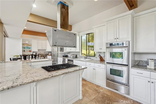 22702 Timbertop Ln, Diamond Bar, CA 91765 - kitchen with appliances with stainless steel finishes, a warming drawer, a sink, white cabinetry, and recessed lighting