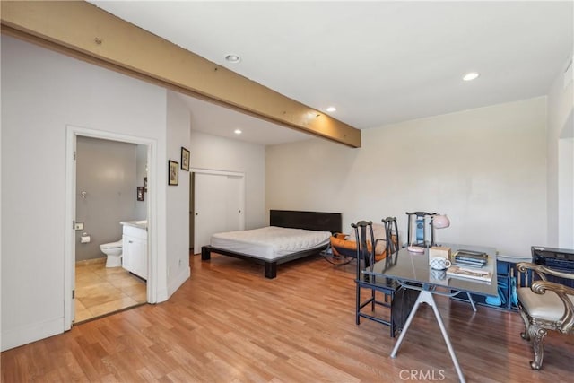 22702 Timbertop Ln, Diamond Bar, CA 91765 - bedroom featuring light wood-style floors, recessed lighting, baseboards, beam ceiling, and connected bathroom