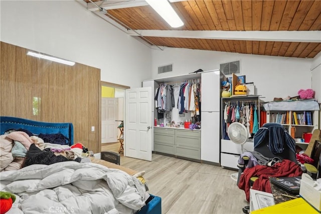 22702 Timbertop Ln, Diamond Bar, CA 91765 - bedroom featuring light wood finished floors, high vaulted ceiling, beam ceiling, and wooden ceiling
