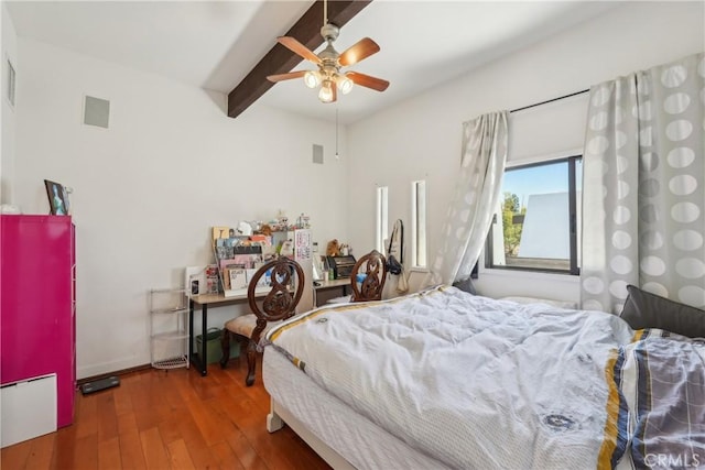 22702 Timbertop Ln, Diamond Bar, CA 91765 - bedroom featuring hardwood / wood-style flooring, beam ceiling, and ceiling fan