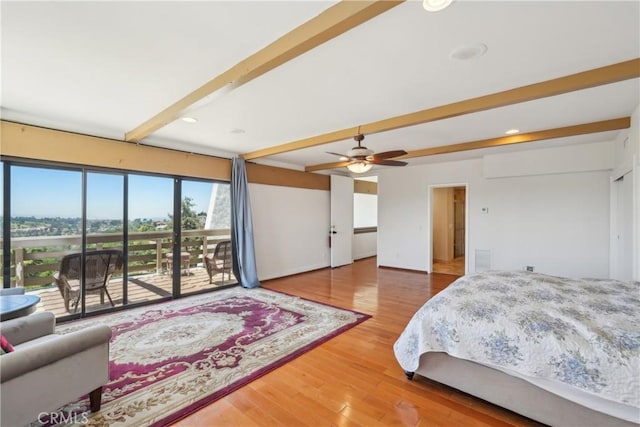 22702 Timbertop Ln, Diamond Bar, CA 91765 - bedroom with access to exterior, beam ceiling, wood finished floors, a ceiling fan, and recessed lighting