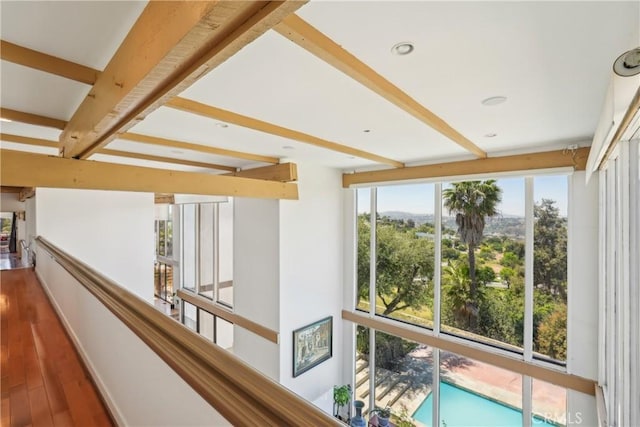 22702 Timbertop Ln, Diamond Bar, CA 91765 - hall with wood finished floors and beamed ceiling