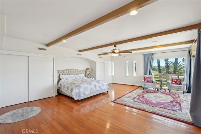 22702 Timbertop Ln, Diamond Bar, CA 91765 - bedroom featuring beamed ceiling, hardwood / wood-style floors, a ceiling fan, and freestanding refrigerator