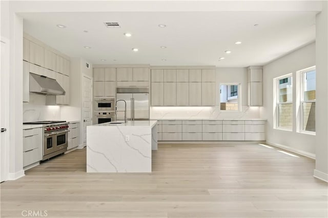 208 Stage, Irvine, CA 92618 - kitchen with high quality appliances, ventilation hood, modern cabinets, and recessed lighting
