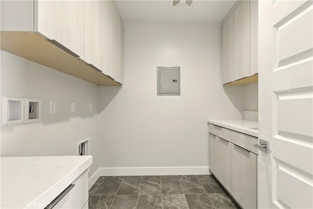 208 Stage, Irvine, CA 92618 - washroom featuring electric panel, cabinet space, dark marble finish flooring, and hookup for a washing machine
