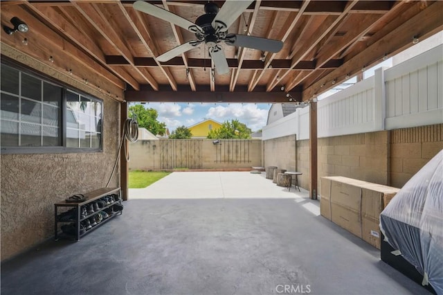 view of patio with a ceiling fan and a fenced backyard