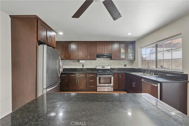 kitchen with appliances with stainless steel finishes, a sink, under cabinet range hood, ceiling fan, and glass insert cabinets