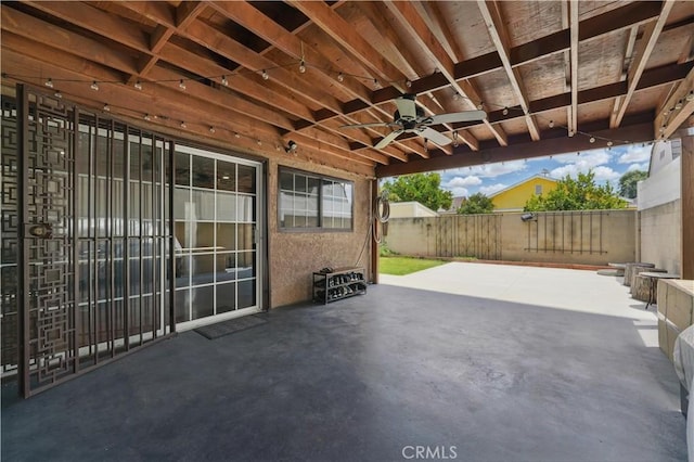 view of patio featuring ceiling fan and a fenced backyard