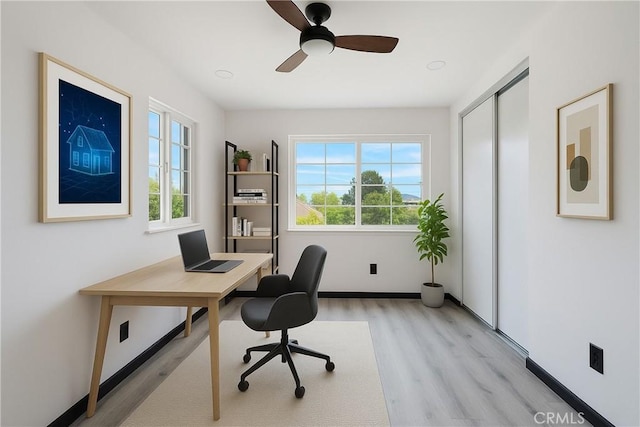 office area with healthy amount of natural light, light wood-type flooring, ceiling fan, and baseboards