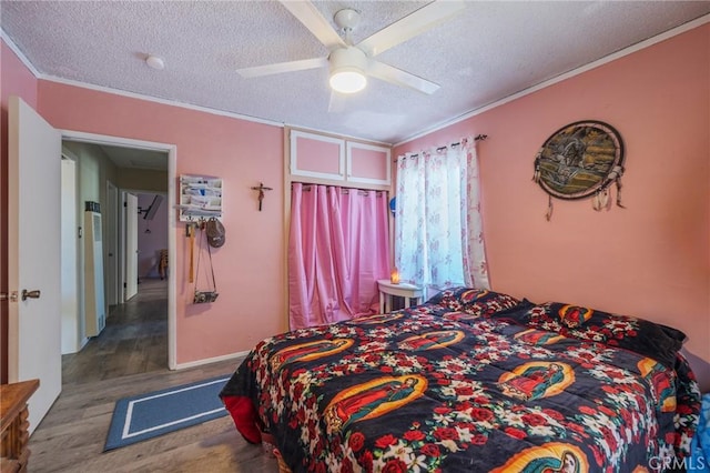1763 W 245th St, Torrance, CA 90501 - bedroom with a textured ceiling, wood finished floors, ornamental molding, and a ceiling fan