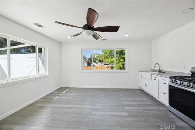 8825 Old Santa Rosa Rd, Atascadero, CA 93422 - kitchen featuring gas stove, ceiling fan, white cabinets, light wood-style floors, and light countertops