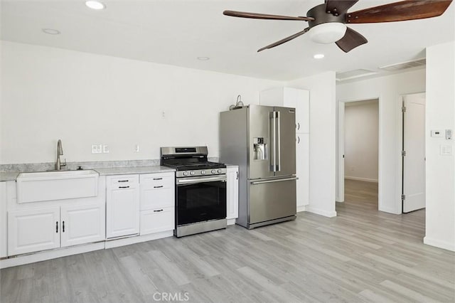 8825 Old Santa Rosa Rd, Atascadero, CA 93422 - kitchen with appliances with stainless steel finishes, a sink, ceiling fan, light wood-style flooring, and white cabinets