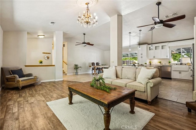 8825 Old Santa Rosa Rd, Atascadero, CA 93422 - living area with a ceiling fan, vaulted ceiling, wood finished floors, and a chandelier