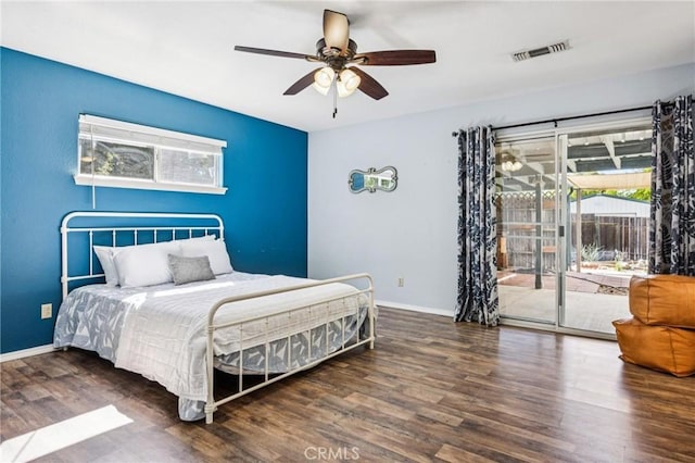 8825 Old Santa Rosa Rd, Atascadero, CA 93422 - bedroom featuring access to exterior, multiple windows, wood finished floors, and ceiling fan