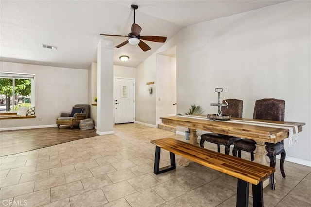 8825 Old Santa Rosa Rd, Atascadero, CA 93422 - dining space with lofted ceiling, a ceiling fan, and light tile patterned flooring