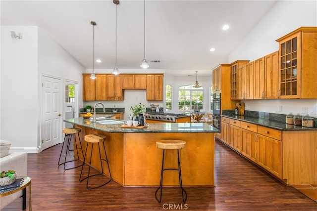 34879 Olive Tree Ln, Yucaipa, CA 92399 - kitchen featuring a sink, an island with sink, brown cabinets, dark wood finished floors, and a breakfast bar area
