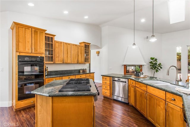 34879 Olive Tree Ln, Yucaipa, CA 92399 - kitchen with a sink, stainless steel dishwasher, a center island, lofted ceiling, and dark wood finished floors