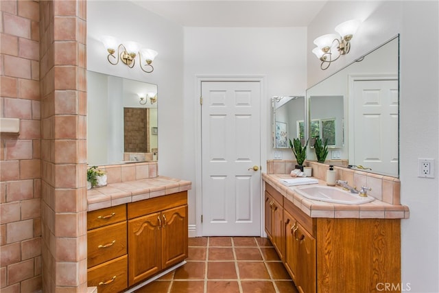 34879 Olive Tree Ln, Yucaipa, CA 92399 - bathroom featuring double vanity, tile patterned floors, and a chandelier