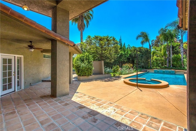 34879 Olive Tree Ln, Yucaipa, CA 92399 - view of patio / terrace with a pool with connected hot tub and ceiling fan