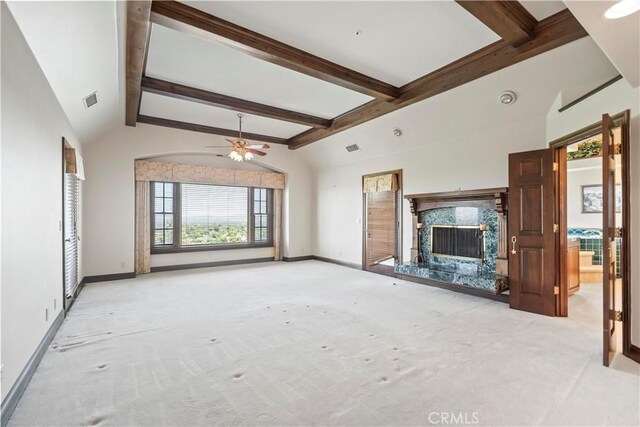 7008 Hawarden Dr, Riverside, CA 92506 - unfurnished living room featuring carpet flooring, a high end fireplace, baseboards, and ceiling fan