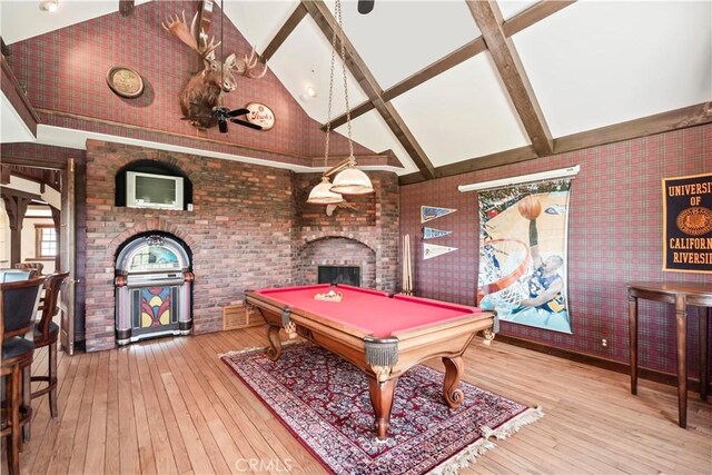 7008 Hawarden Dr, Riverside, CA 92506 - rec room with wallpapered walls, hardwood / wood-style flooring, billiards, high vaulted ceiling, and beam ceiling