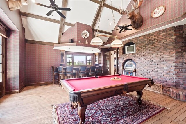 7008 Hawarden Dr, Riverside, CA 92506 - rec room with ceiling fan, high vaulted ceiling, hardwood / wood-style flooring, billiards table, and beamed ceiling
