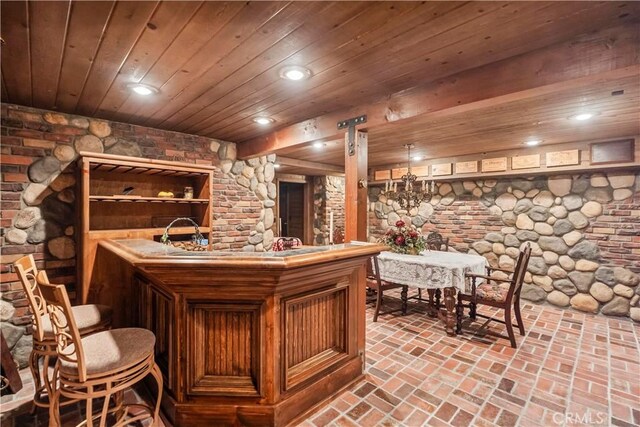 7008 Hawarden Dr, Riverside, CA 92506 - indoor wet bar featuring wooden ceiling, brick floors, and recessed lighting