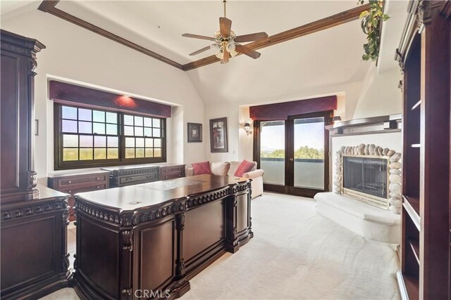 7008 Hawarden Dr, Riverside, CA 92506 - home office with vaulted ceiling, ceiling fan, a fireplace with raised hearth, light carpet, and crown molding
