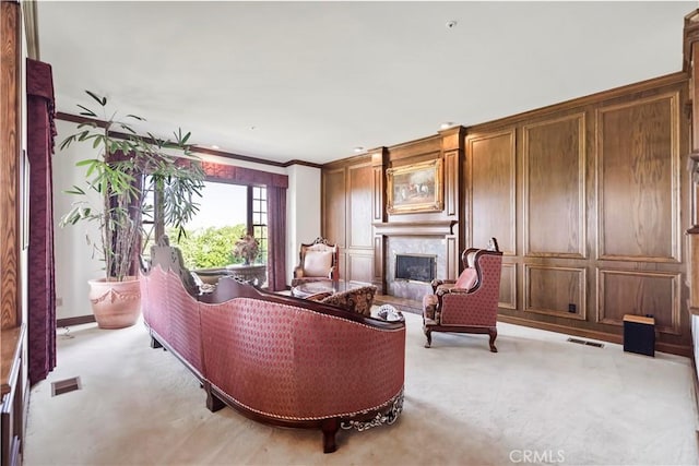 7008 Hawarden Dr, Riverside, CA 92506 - living room featuring light colored carpet and a high end fireplace