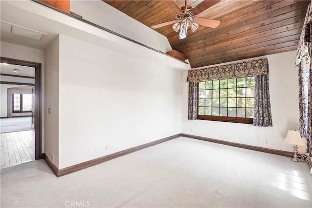 7008 Hawarden Dr, Riverside, CA 92506 - carpeted empty room with vaulted ceiling, a ceiling fan, baseboards, and wood ceiling