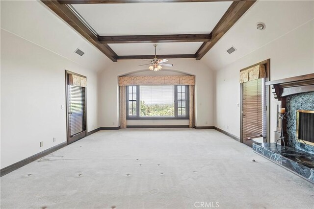 7008 Hawarden Dr, Riverside, CA 92506 - unfurnished living room featuring carpet flooring, a ceiling fan, a high end fireplace, and baseboards