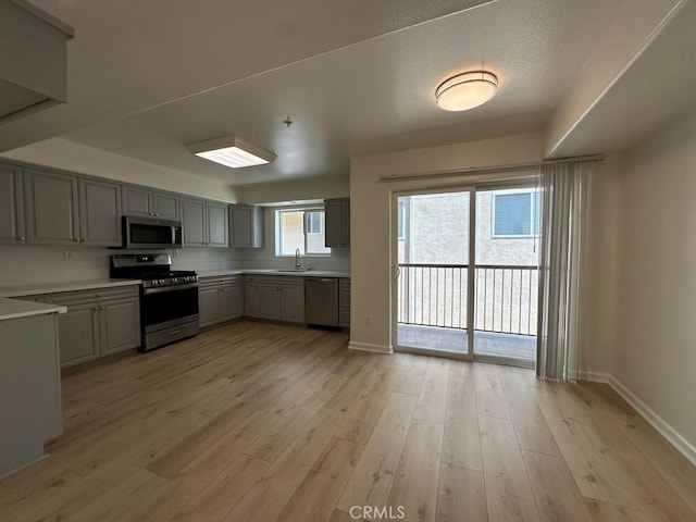 kitchen with appliances with stainless steel finishes, gray cabinets, baseboards, light wood-style flooring, and light countertops