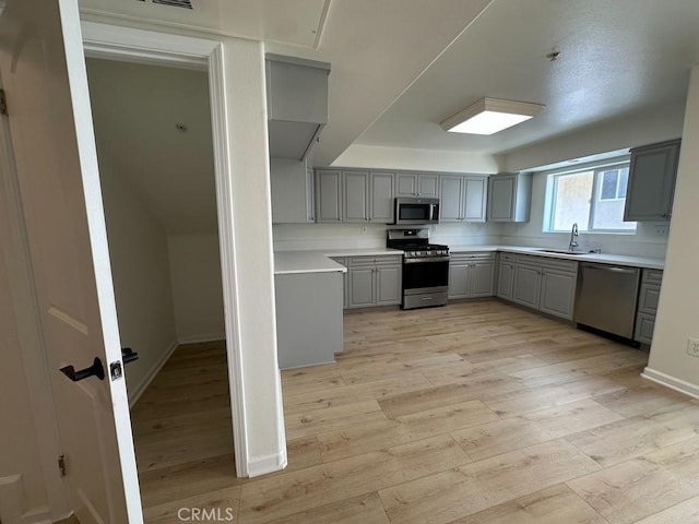 kitchen with stainless steel appliances, gray cabinetry, a sink, light wood finished floors, and light countertops
