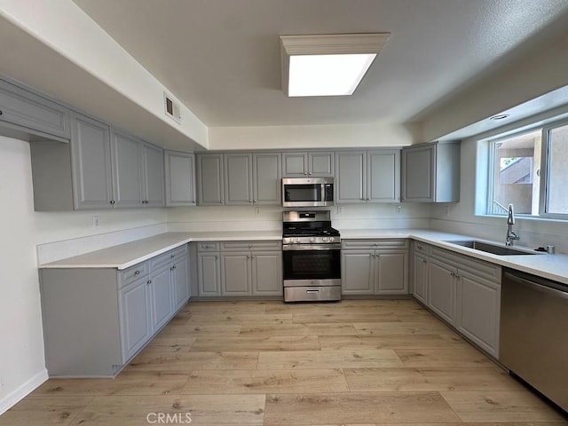 kitchen featuring gray cabinets, stainless steel appliances, a sink, light wood-style floors, and light countertops