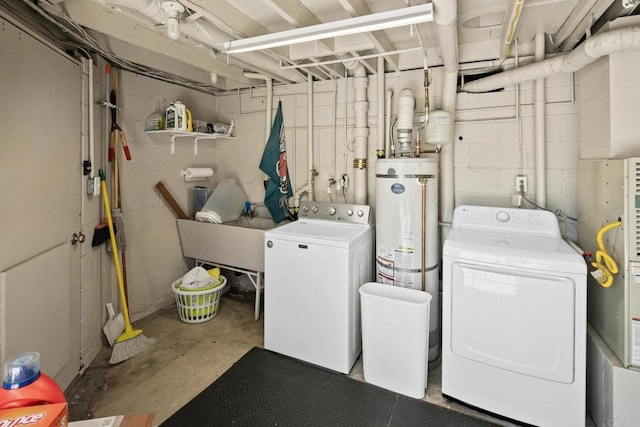 1855 Rubenstein Dr, Cardiff By The Sea, CA 92007 - laundry room featuring gas water heater, washing machine and clothes dryer, and concrete block wall