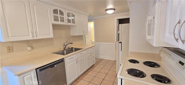 623 Church Pl Unit 3, Redlands, CA 92374 - kitchen with white appliances, a sink, white cabinetry, light countertops, and light tile patterned floors