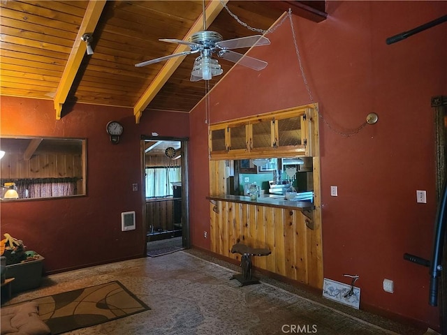 29348 123rd St E, Pearblossom, CA 93553 - kitchen featuring a ceiling fan, beamed ceiling, wood ceiling, and high vaulted ceiling