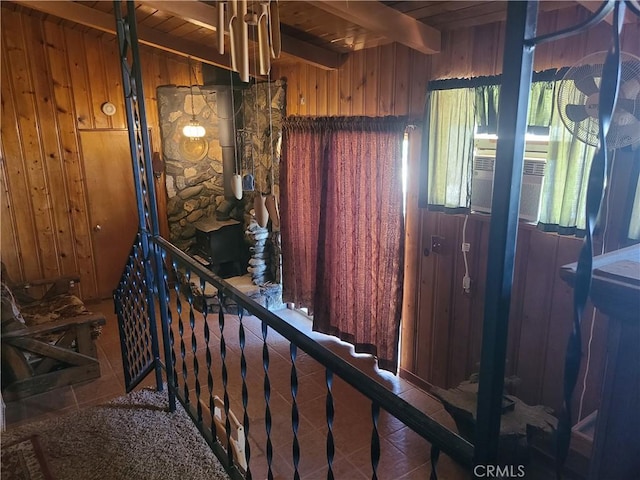 29348 123rd St E, Pearblossom, CA 93553 - stairway featuring wood walls, beamed ceiling, and wood ceiling