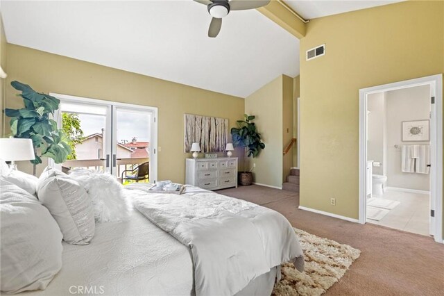 1909 Belmont Ln Unit B, Redondo Beach, CA 90278 - carpeted bedroom featuring beam ceiling, connected bathroom, baseboards, ceiling fan, and high vaulted ceiling