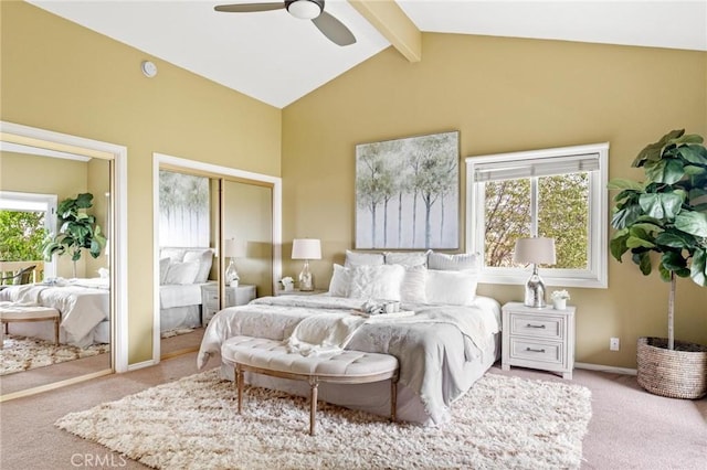1909 Belmont Ln Unit B, Redondo Beach, CA 90278 - bedroom featuring carpet, beam ceiling, multiple closets, high vaulted ceiling, and a ceiling fan